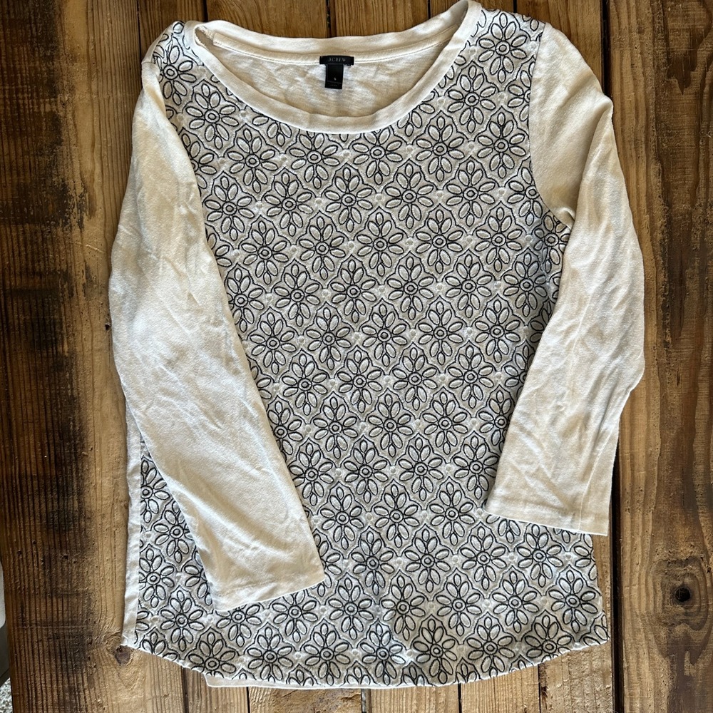 J.Crew Womens Ivory Cotton Top Black Floral Embroidered Eyelet Front S